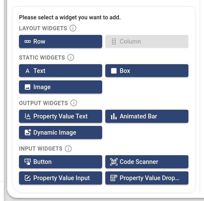 Add widget panel containing the widget types that can be added