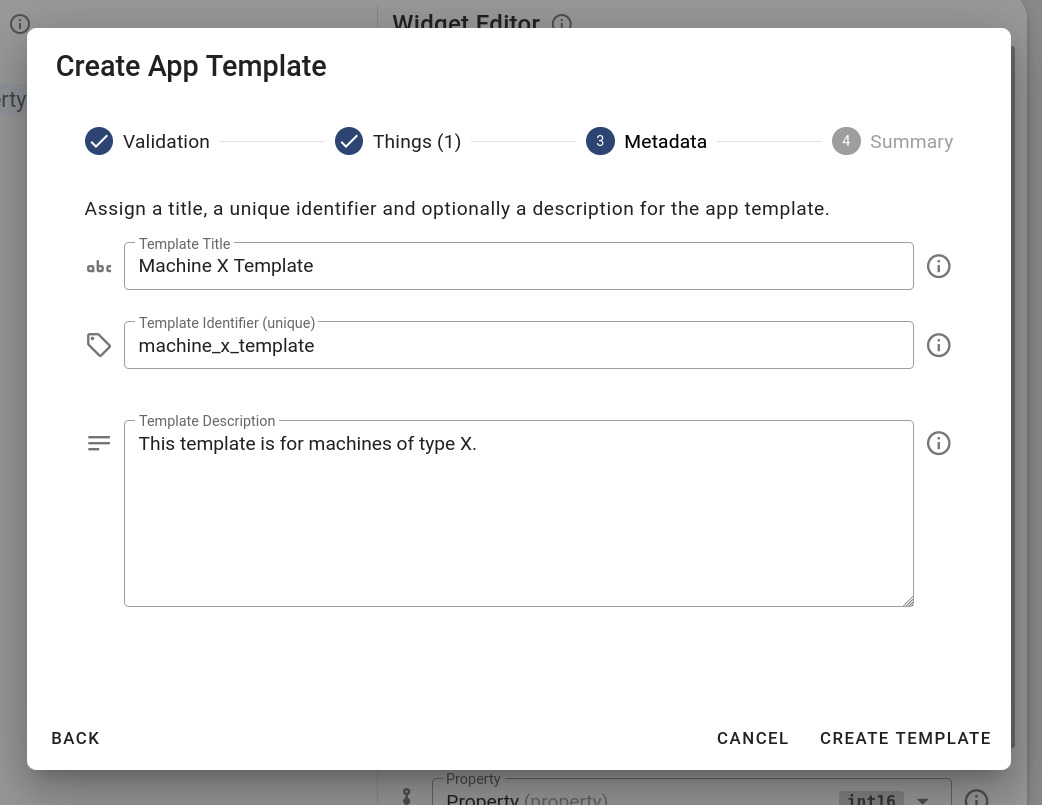 Creating an app template (entering metadata in third step)