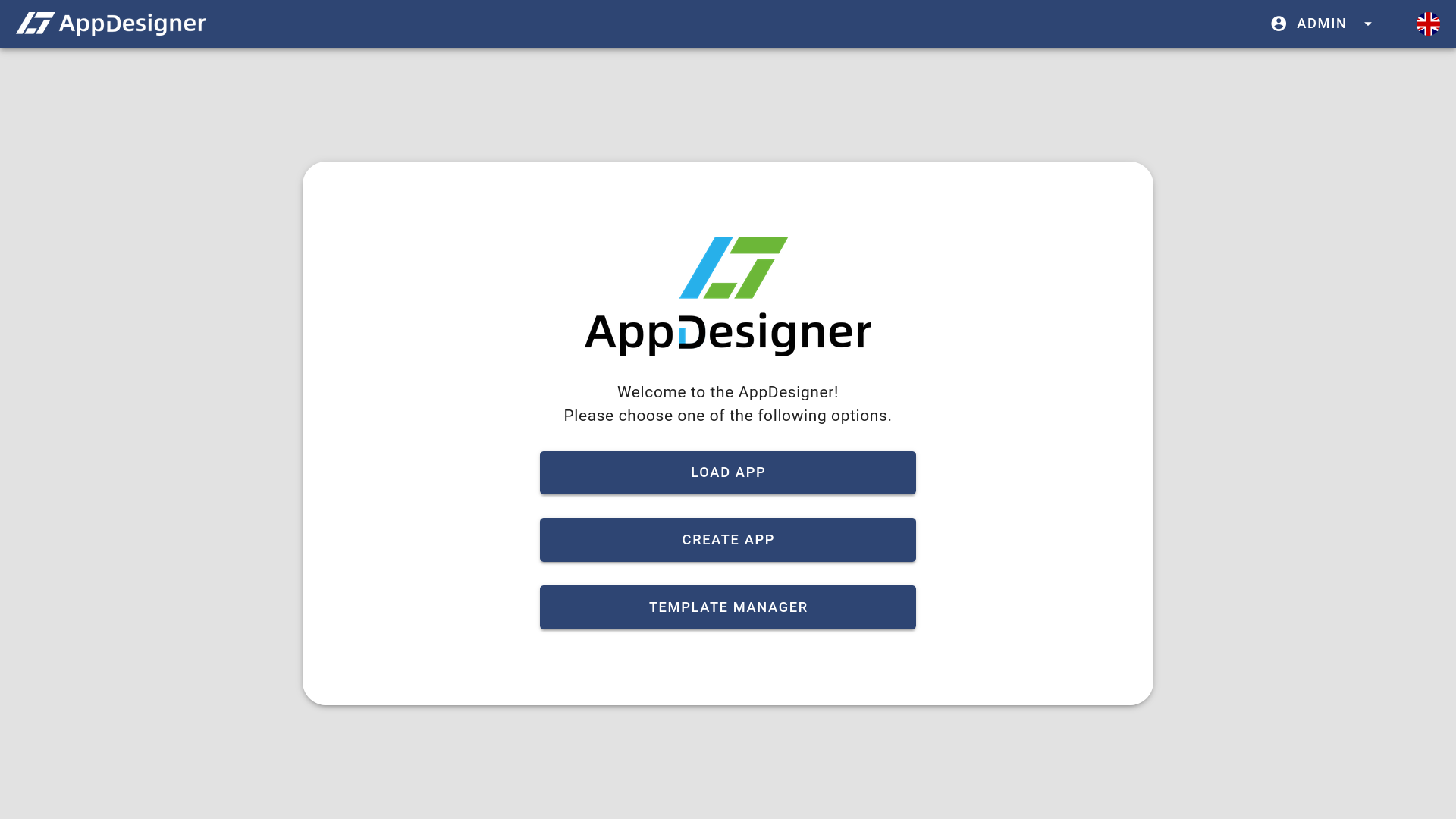 Welcome screen of the AppDesigner