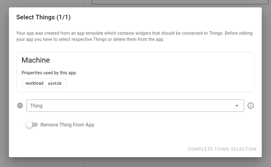 Select Things dialog for apps based on templates connected to Things