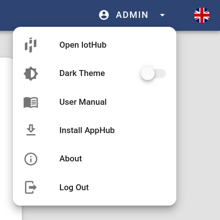 User menu of the AppDesigner