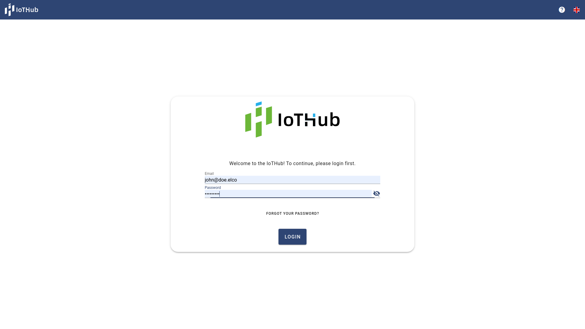 Login page of the IoTHub