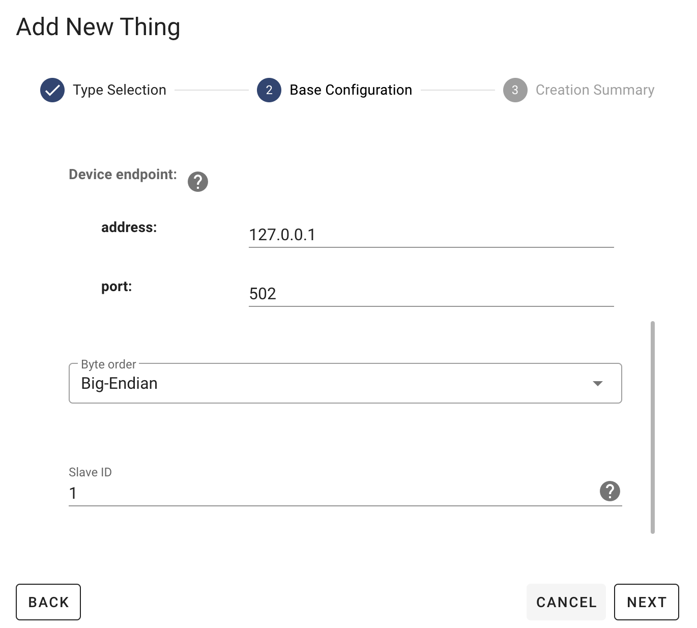 Configuration of the Modbus thing